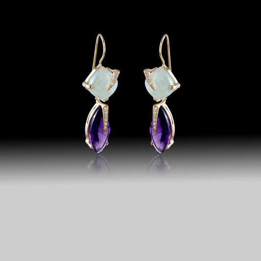 Artisan Aqua Chalcedony & Amethyst Prong Set Earrings-18k Gold Plated Over Sterling Silver