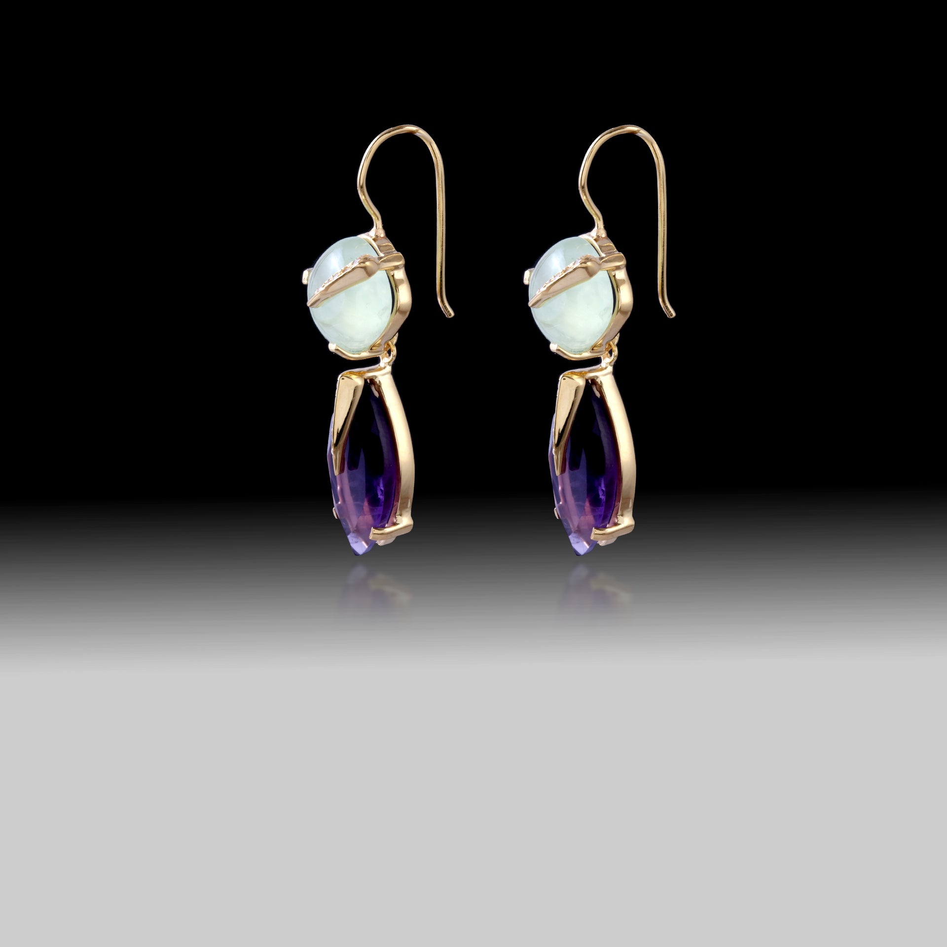 Artisan Aqua Chalcedony & Amethyst Prong Set Earrings-18k Gold Plated Over Sterling Silver
