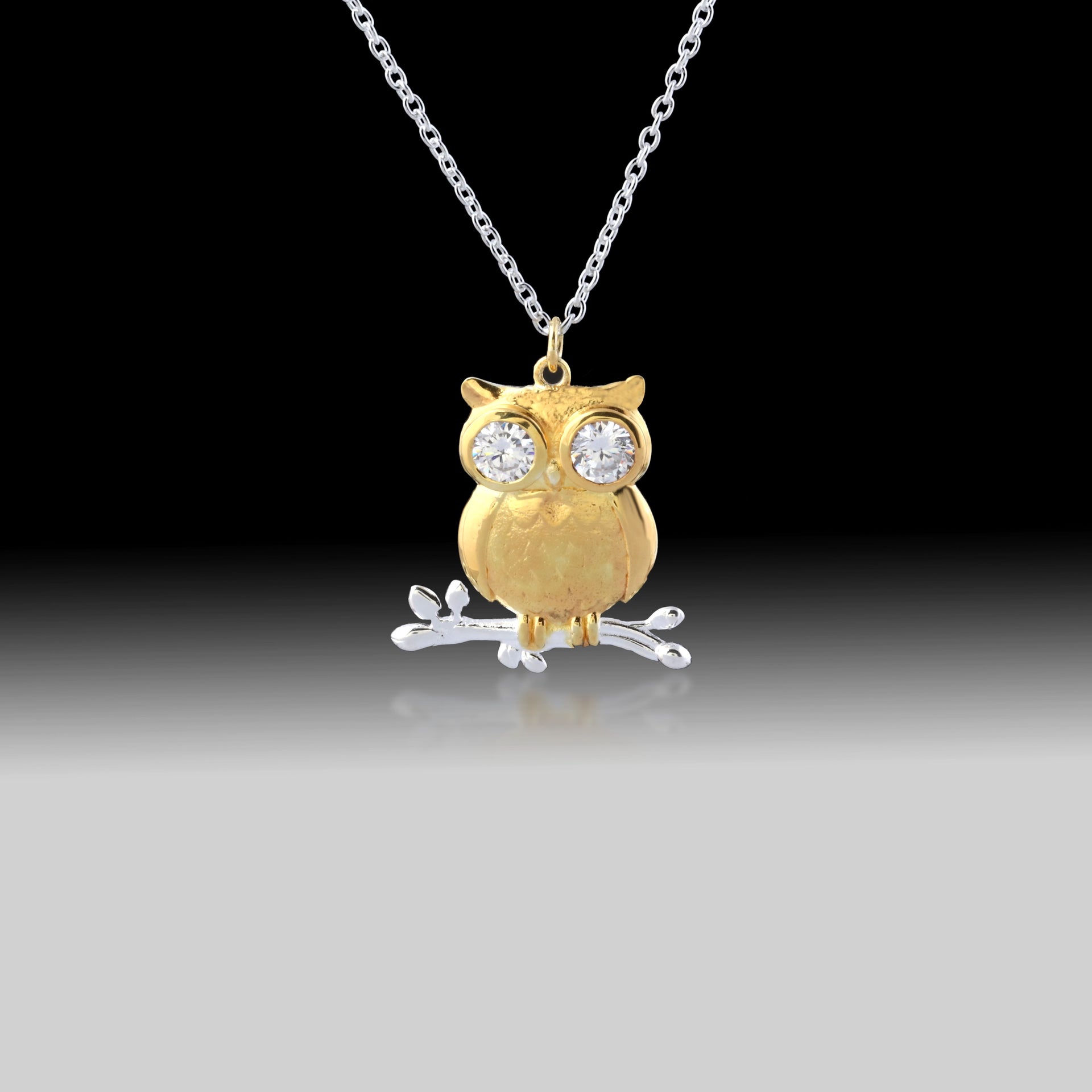 Owl Necklace- 925 Sterling Silver 18k Gold Plated with Cubic Zirconia