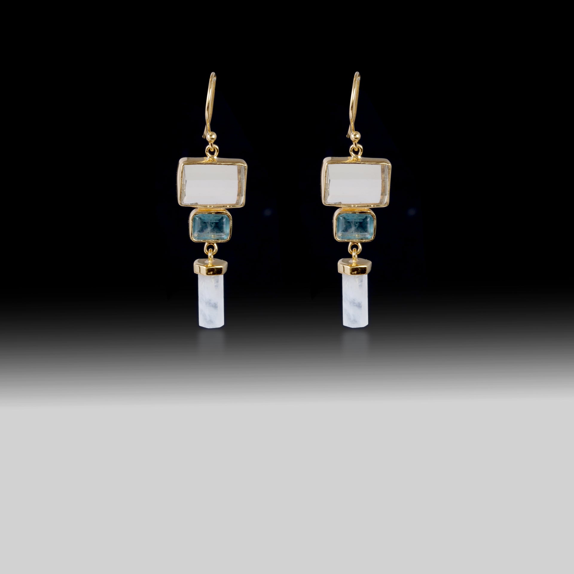 Artisan Moonstone & Apatite Tiered Geometric Earrings 18k Gold Plated over 925 Silver