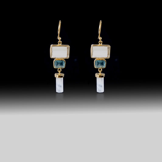 Artisan Moonstone & Apatite Tiered Geometric Earrings 18k Gold Plated over 925 Silver