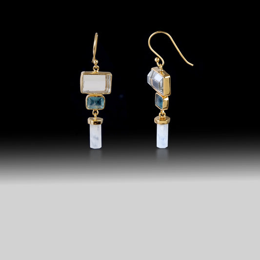 Artisan Moonstone & Apatite Tiered Geometric Earrings 18k Gold Plated over 925 Silver
