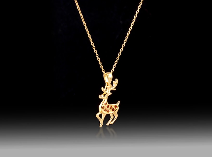 Red Garnet Reindeer Necklace- 925 Sterling Silver