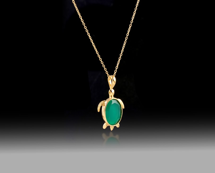 Green Onyx Turtle Necklace- 925 Sterling SIilver