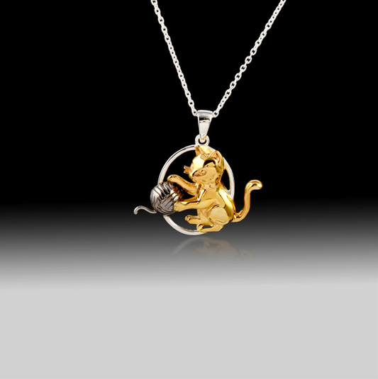Cat and Yarn Necklace- 925 Sterling Silver 18k Gold Plated