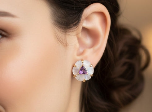 Artisan Moonstone & Amethyst Floral Stud Earrings 18k Gold Plated over 925 Silver