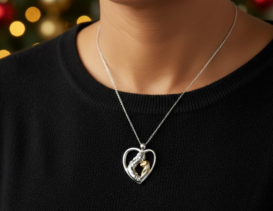 Girl Hugging Dog Heart Shaped Pendant- 925 Sterling Silver Two Toned Piece