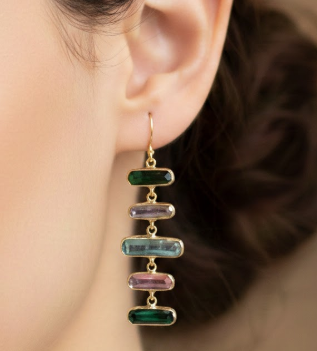 Artisan Multi-Tourmaline Staircase Baguette Earrings 18k Brushed Gold over 925 Silver