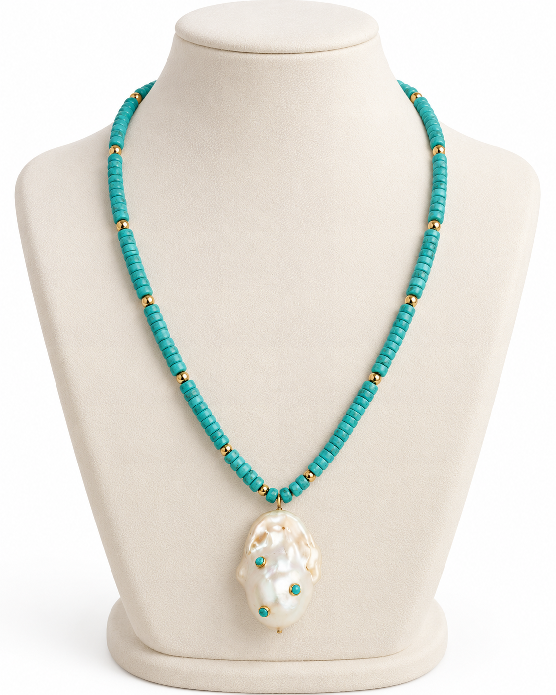 Turquoise & Baroque Pearl Pendant Necklace with Gold Filled Accents – 18 Inches