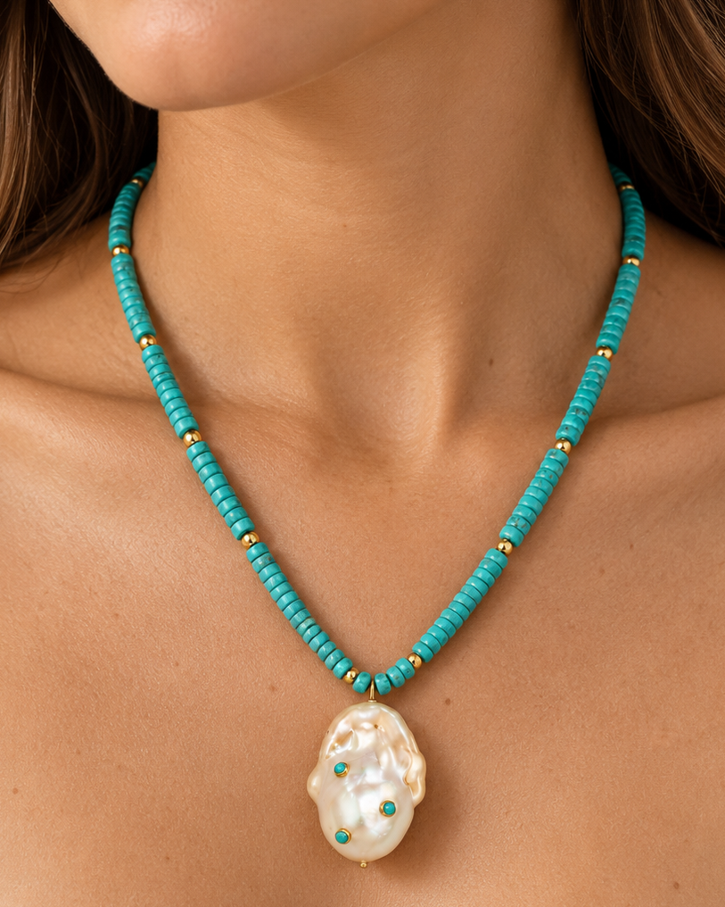 Turquoise & Baroque Pearl Pendant Necklace with Gold Filled Accents – 18 Inches