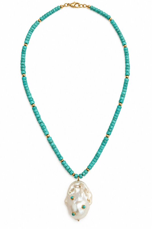 Turquoise & Baroque Pearl Pendant Necklace with Gold Filled Accents – 18 Inches