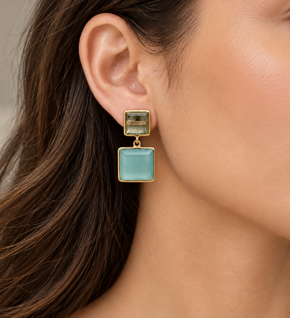 Aqua Chalcedony and Lemon Topaz Earrings- 18k Gold Plated on 925 Sterling Silver