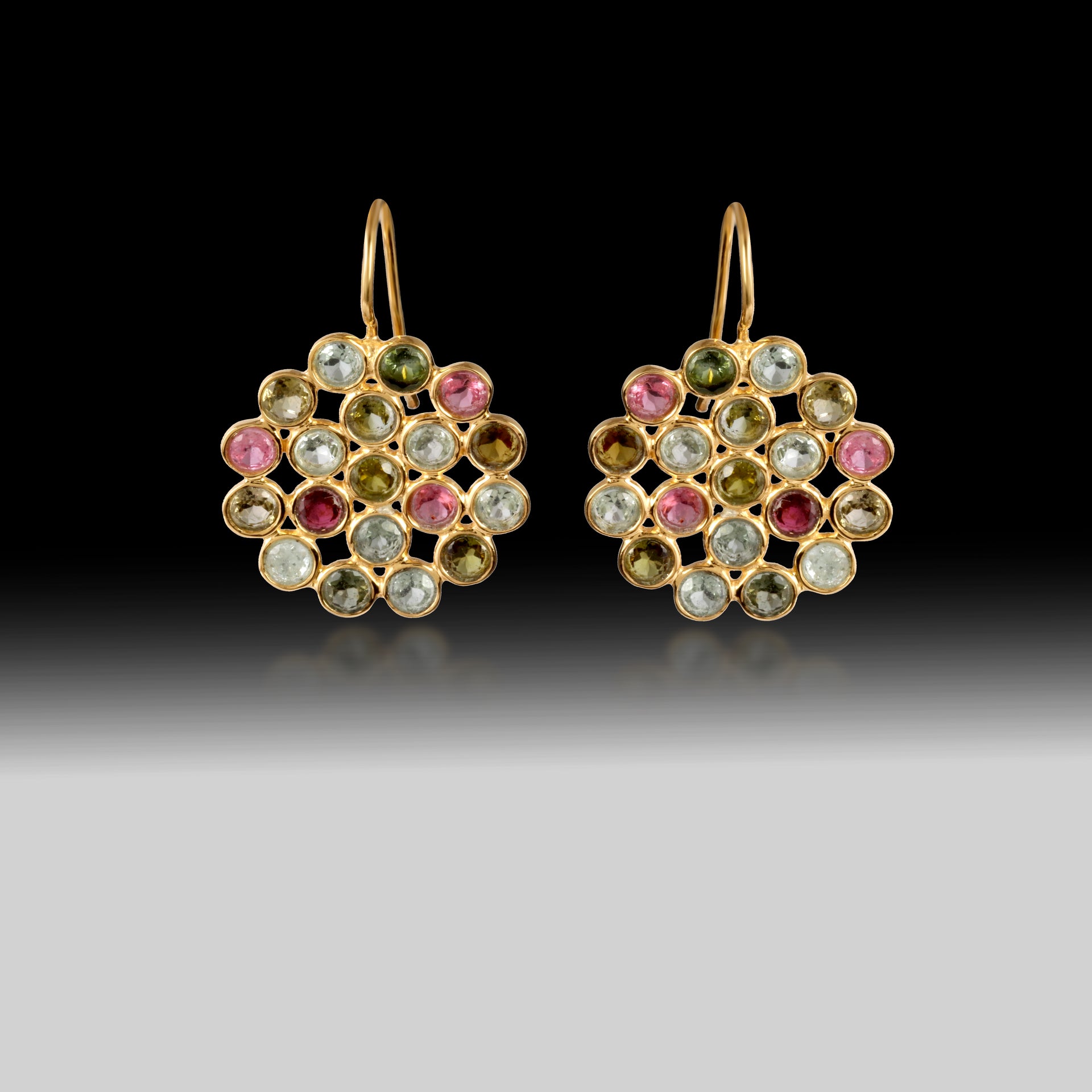 Artisan Multi-Tourmaline Mosaic Circular Earrings 18k Gold Plated over 925 Silver