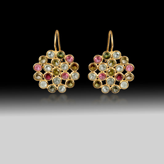 Artisan Multi-Tourmaline Mosaic Circular Earrings 18k Gold Plated over 925 Silver