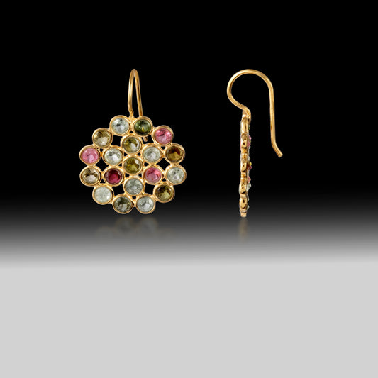 Artisan Multi-Tourmaline Mosaic Circular Earrings 18k Gold Plated over 925 Silver