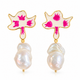 Fuchsia Blossom Baroque Pearl Drop Earrings- 18k Gold Plated Over 925 Sterling Silver