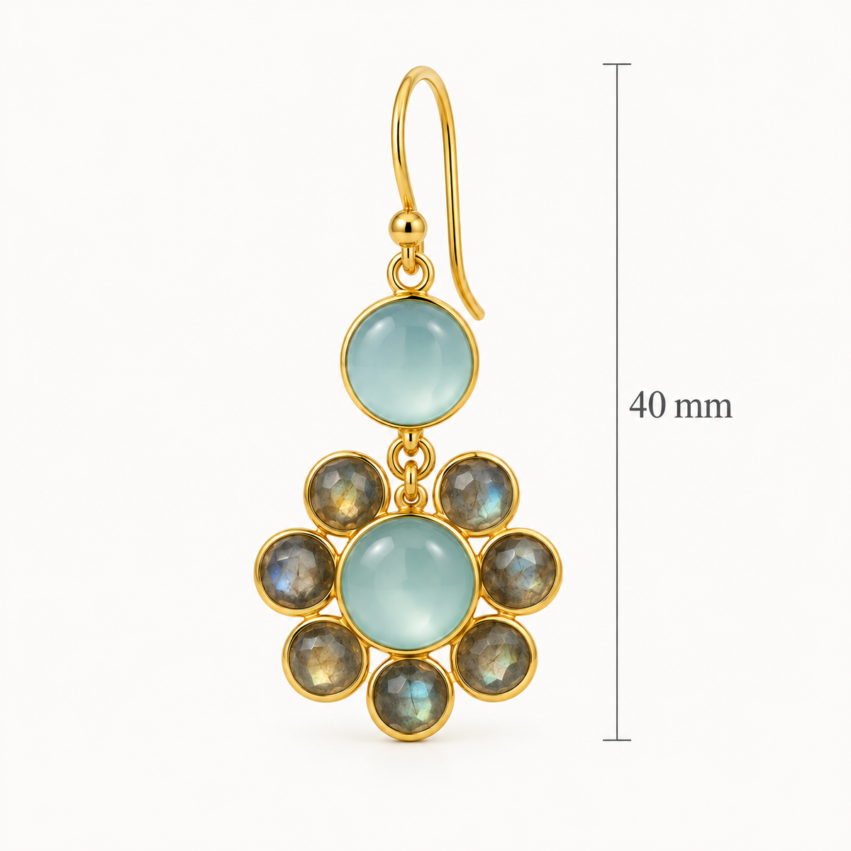 Aqua Chalcedony & Labradorite Floral Drop Earrings – 18K Gold Plated 925 Sterling Silver